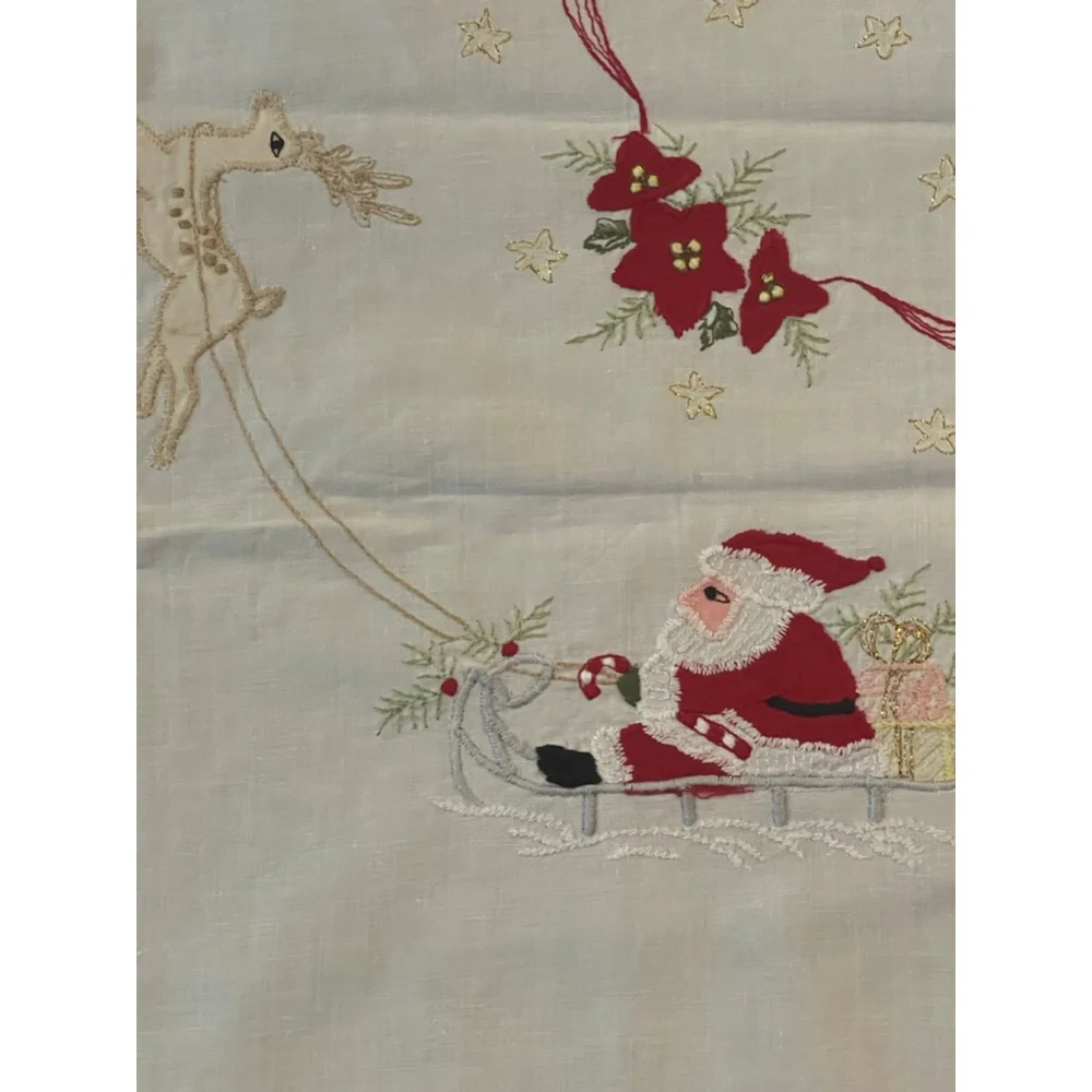 NOS Vintage Christmas Tablecloth & Napkins Set Embroidered Santa Sleigh Reindeer